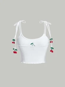 SHEIN MOD Cherry Embroidery Lettuce Trim Cami Top - White - View 3
