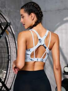 Marble Print Cut Out Back Sports Bra - Multicolor - View 1