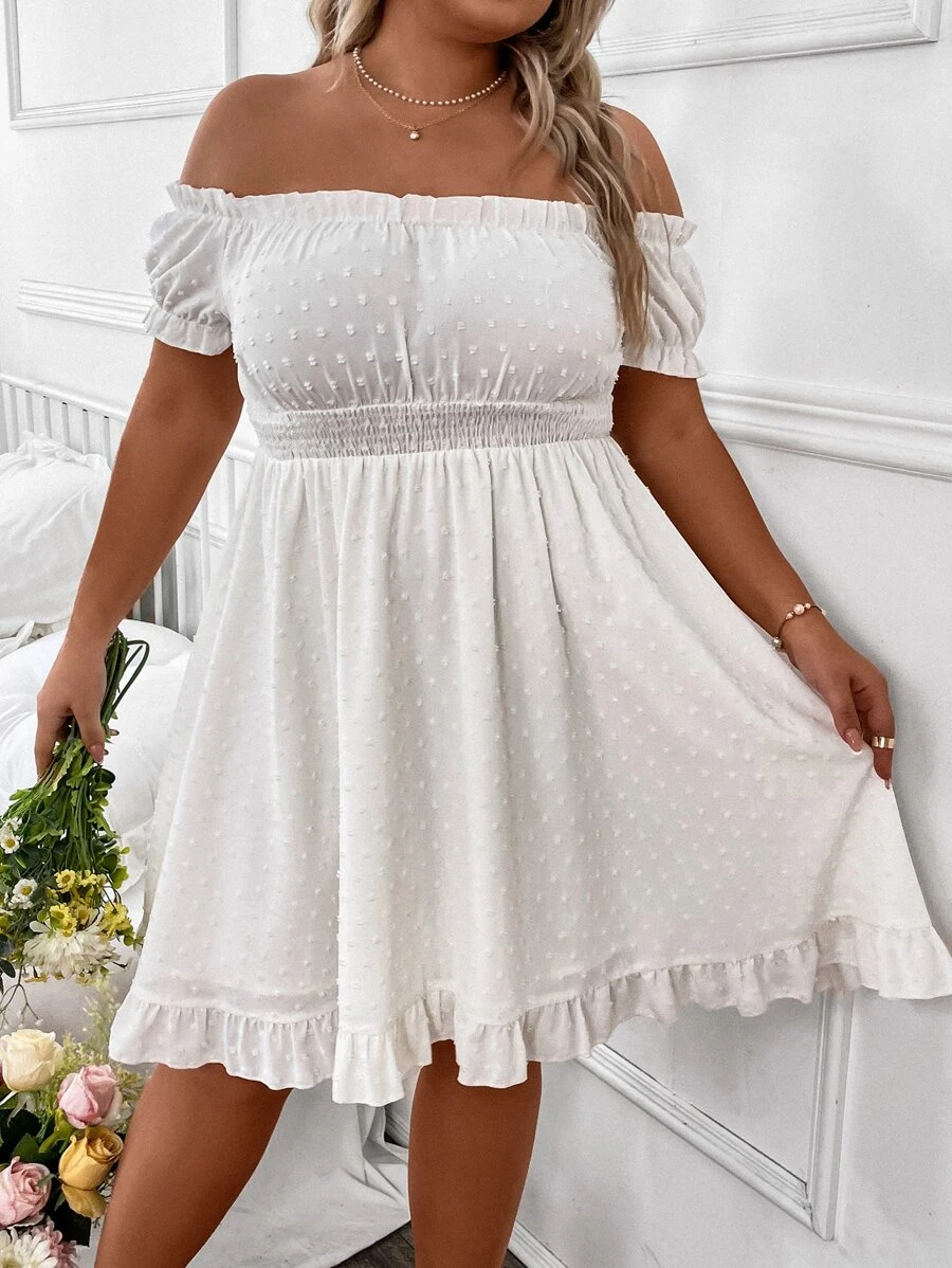 SHEIN Clasi Plus Swiss Dot Off Shoulder Ruffle Hem Dress - White - View 1