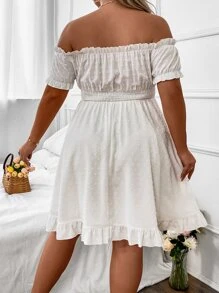 SHEIN Clasi Plus Swiss Dot Off Shoulder Ruffle Hem Dress - White - View 2