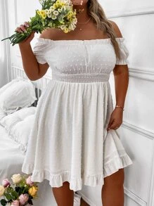 SHEIN Clasi Plus Swiss Dot Off Shoulder Ruffle Hem Dress - White - View 3