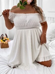 SHEIN Clasi Plus Swiss Dot Off Shoulder Ruffle Hem Dress - White - View 4