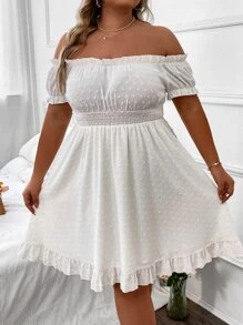 SHEIN Clasi Plus Swiss Dot Off Shoulder Ruffle Hem Dress - White - View 5