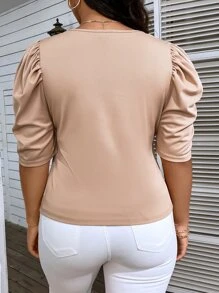 SHEIN Clasi 大碼泡泡袖條紋針織T恤 - 杏色 - 查看 3