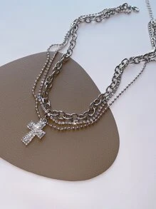 SHEIN ICON 水鑽十字架吊飾頸鏈 - 銀色 - 查看 5