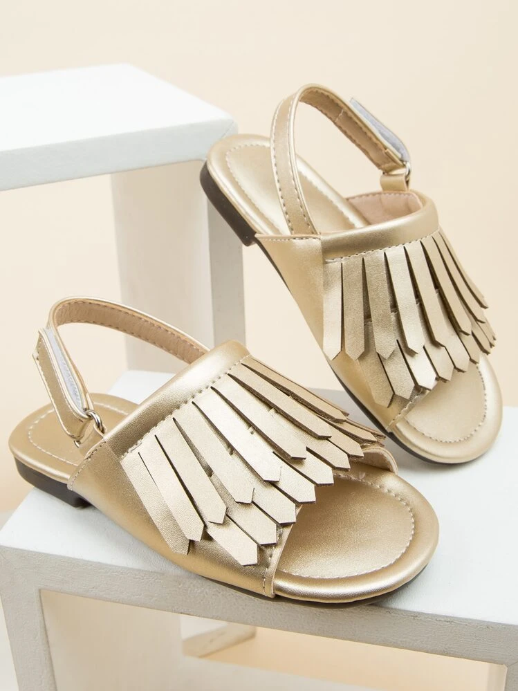 Girls フリンジデコレーション メタリック オープントゥ フラットサンダル ゴールド スリングバックサンダル - ゴールド - 見る 1