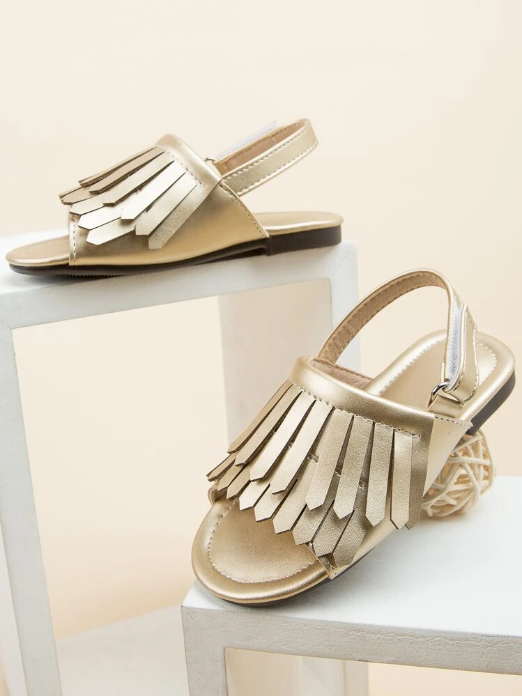 Girls フリンジデコレーション メタリック オープントゥ フラットサンダル ゴールド スリングバックサンダル - ゴールド - 見る 2