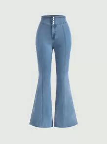 SHEIN MOD 超高腰喇叭褲,採用鈕扣裝飾 - 淺色水洗藍 - 查看 1