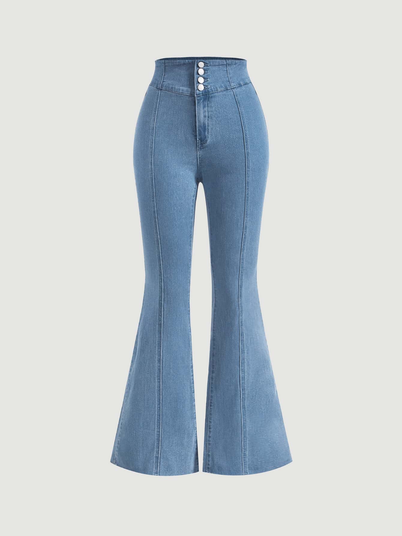 SHEIN MOD 超高腰喇叭褲,採用鈕扣裝飾 - 淺色水洗藍 - 查看 1