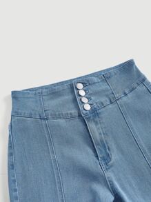 SHEIN MOD 超高腰喇叭褲,採用鈕扣裝飾 - 淺色水洗藍 - 查看 3