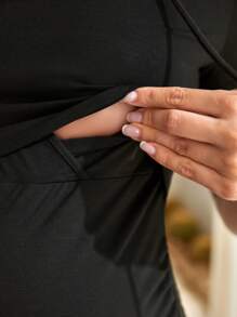 SHEIN Maternidad Vestido ajustado unicolor con cordón con capucha - Negro - Ver 5