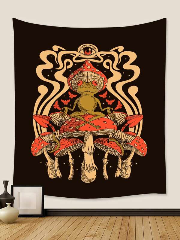 1pc Mushroom and Frog Pattern Tapestry, Modern Fabric Hanging Blanket For Home