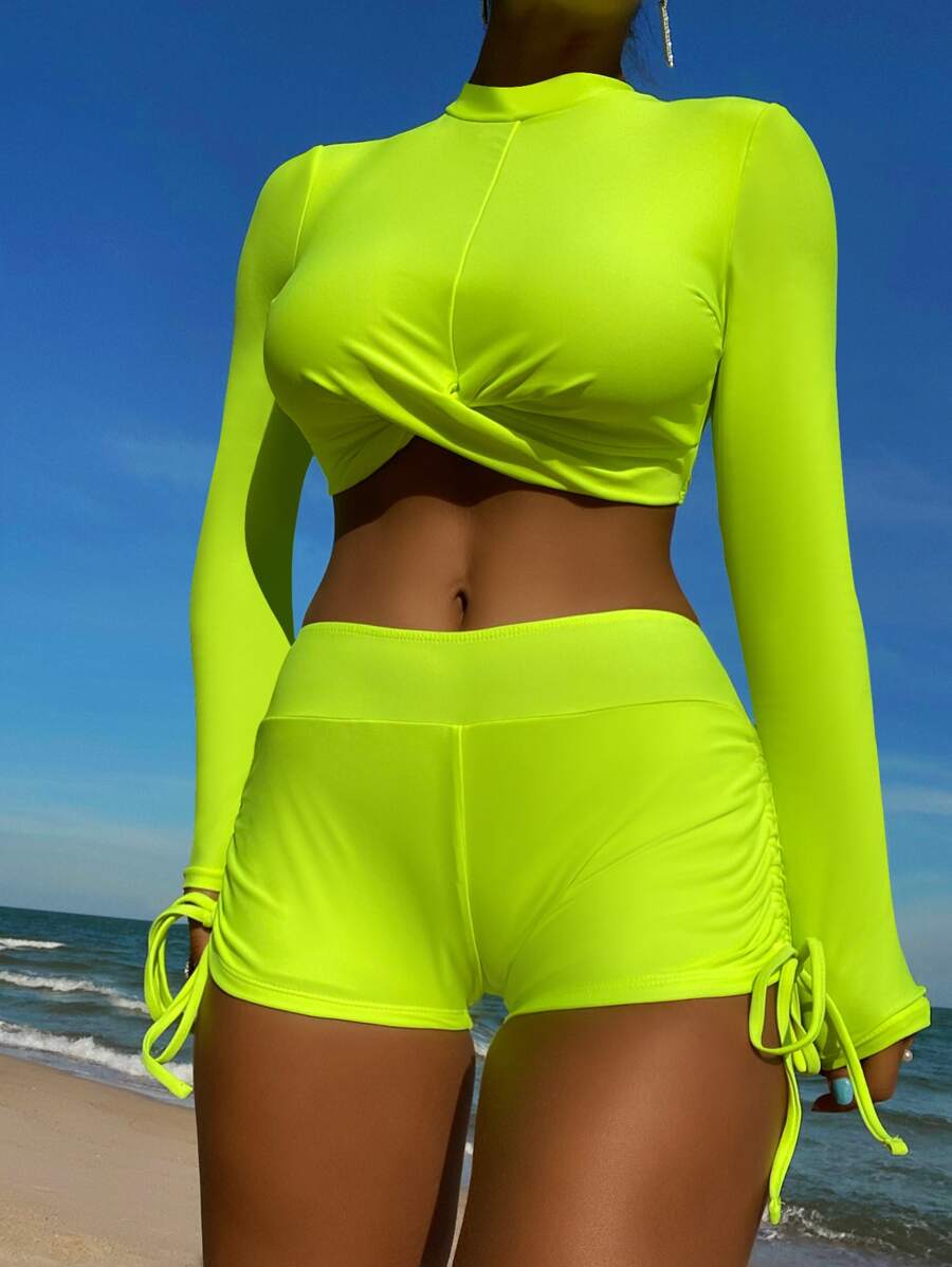 Neon Lime Drawstring Side Bikini Set With Long Sleeve Summer Beach - Lime Green - View 1