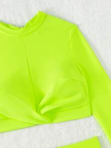 Neon Lime Drawstring Side Bikini Set With Long Sleeve Summer Beach - Lime Green - View 3