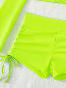 Neon Lime Drawstring Side Bikini Set With Long Sleeve Summer Beach - Lime Green - View 4