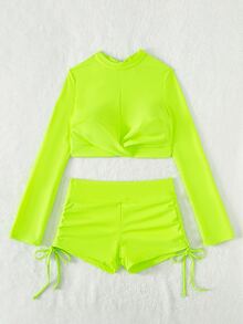 Neon Lime Drawstring Side Bikini Set With Long Sleeve Summer Beach - Lime Green - View 5