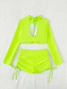 Neon Lime Drawstring Side Bikini Set With Long Sleeve Summer Beach - Lime Green - View 6