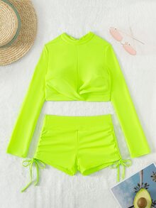Neon Lime Drawstring Side Bikini Set With Long Sleeve Summer Beach - Lime Green - View 7