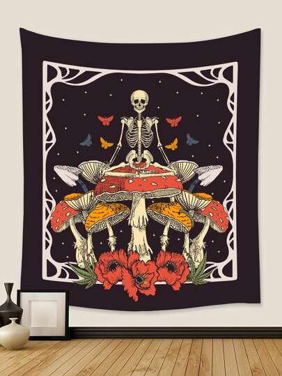 1 件蘑菇和骷髅图案挂毯，现代布艺骷髅和植物印花挂毯，适用于家居装饰、房间装饰、房间旗帜、房间用品、壁毯