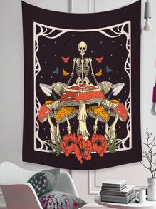 1 pezzo Arazzo con stampa di funghi e teschi, coperta da appendere con stampa moderna di scheletro e piante per decorazione della casa, della stanza, bandiere per la camera, accessori per la stanza, arazzo da parete