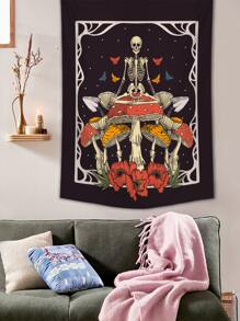 1 pezzo Arazzo con stampa di funghi e teschi, coperta da appendere con stampa moderna di scheletro e piante per decorazione della casa, della stanza, bandiere per la camera, accessori per la stanza, arazzo da parete