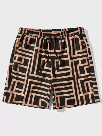 Pantalones cortos con estampado geométrico y cordón en la cintura para hombres, de vuelta al colegio
