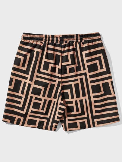 Pantalones cortos con estampado geométrico y cordón en la cintura para hombres, de vuelta al colegio