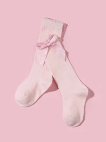 1pair Girls' Solid Color Knee-High Socks, With Bowknot, Suitable For School Style - Pink - View 3