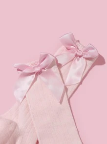 1pair Girls' Solid Color Knee-High Socks, With Bowknot, Suitable For School Style - Pink - View 4
