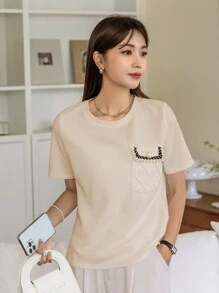 DAZY Camiseta Con Detalles De Botones Y Bolsillos En El Pecho - Albaricoque - Ver 3