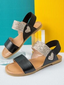 女孩金屬亮絲設計露趾平底涼鞋踝帶涼鞋 - 黑色 - 查看 1