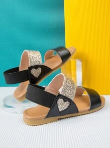 女孩金屬亮絲設計露趾平底涼鞋踝帶涼鞋 - 黑色 - 查看 2