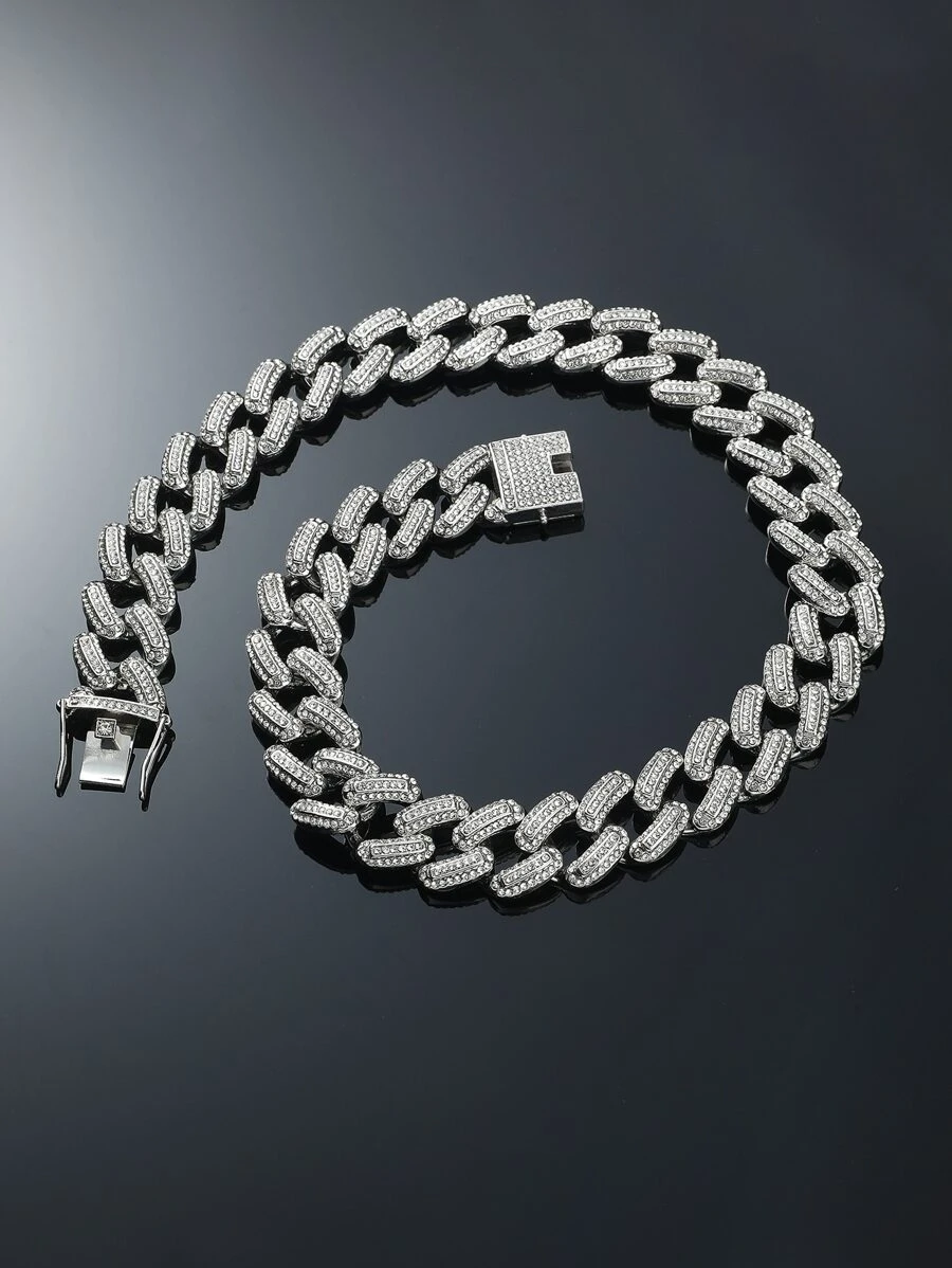 男士水鑽裝飾項鍊 - 銀色 - 查看 1