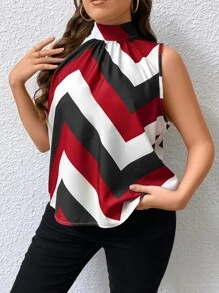 SHEIN Privé Blusa con estampado de cheurón con cordón trasero - Multicolor - Ver 4