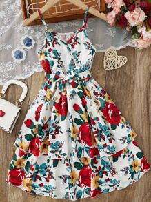 Girls Floral Print Belted Cami Dress - White - View 1