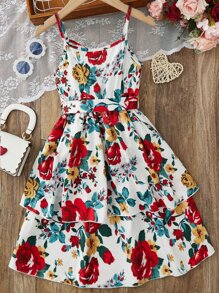 Girls Floral Print Belted Cami Dress - White - View 2