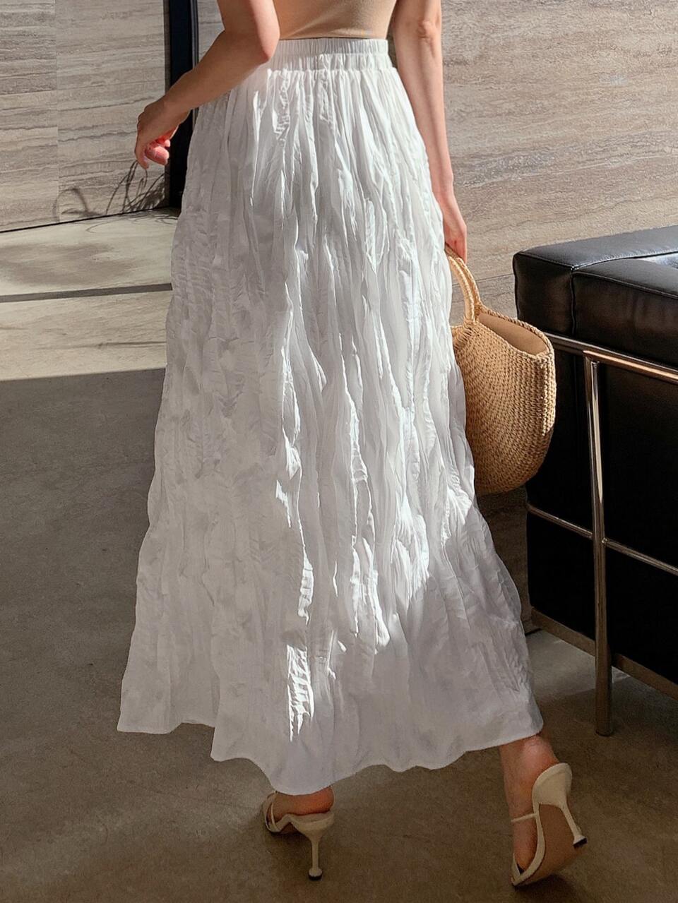Solid Elastic Waist Flare Skirt