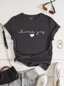SHEIN Essnce Heart And Letter Graphic Tee - Dark Grey - View 1
