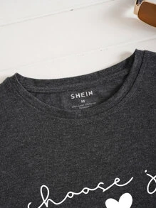 SHEIN Essnce Heart And Letter Graphic Tee - Dark Grey - View 4