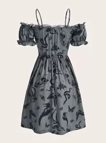 ROMWE Goth Vestido con estampado de mariposa de hombros descubiertos - Gris - Ver 2