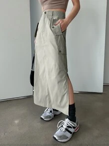 DAZY 纯色开衩下摆翻盖口袋侧裙 - 卡其色 - 查看 4