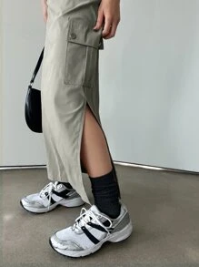 DAZY 纯色开衩下摆翻盖口袋侧裙 - 卡其色 - 查看 8