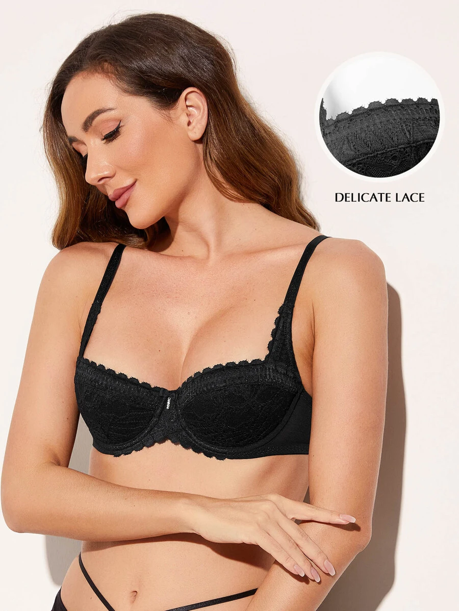 Deyllo Sexy Underwear Lace Push Up Bra - Black - View 1