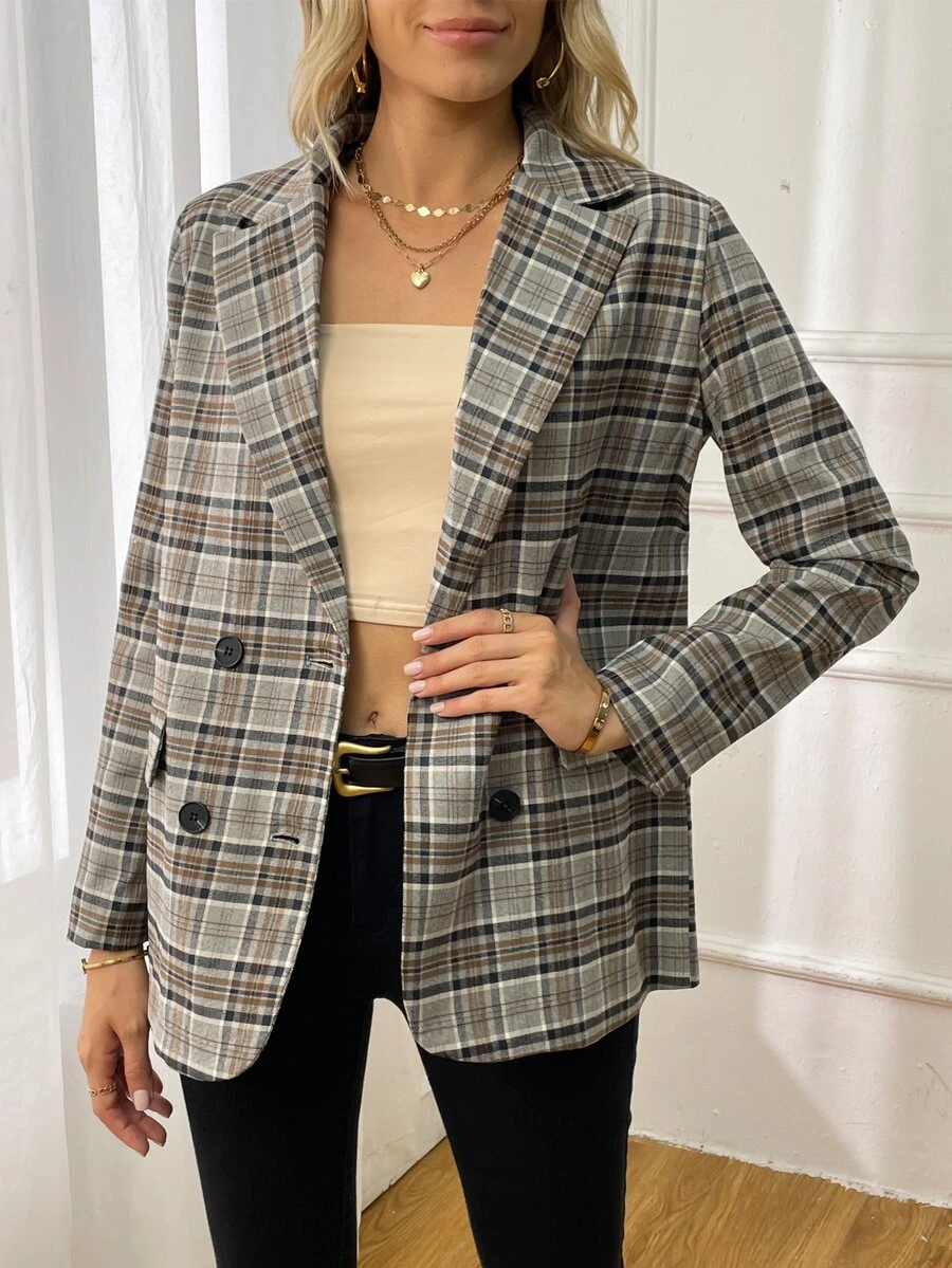 Plaid Print Double Breasted Blazer - Grey - View 1