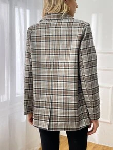 Plaid Print Double Breasted Blazer - Grey - View 2