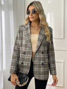 Plaid Print Double Breasted Blazer - Grey - View 3