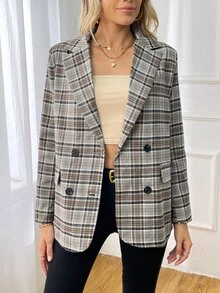 Plaid Print Double Breasted Blazer - Grey - View 4