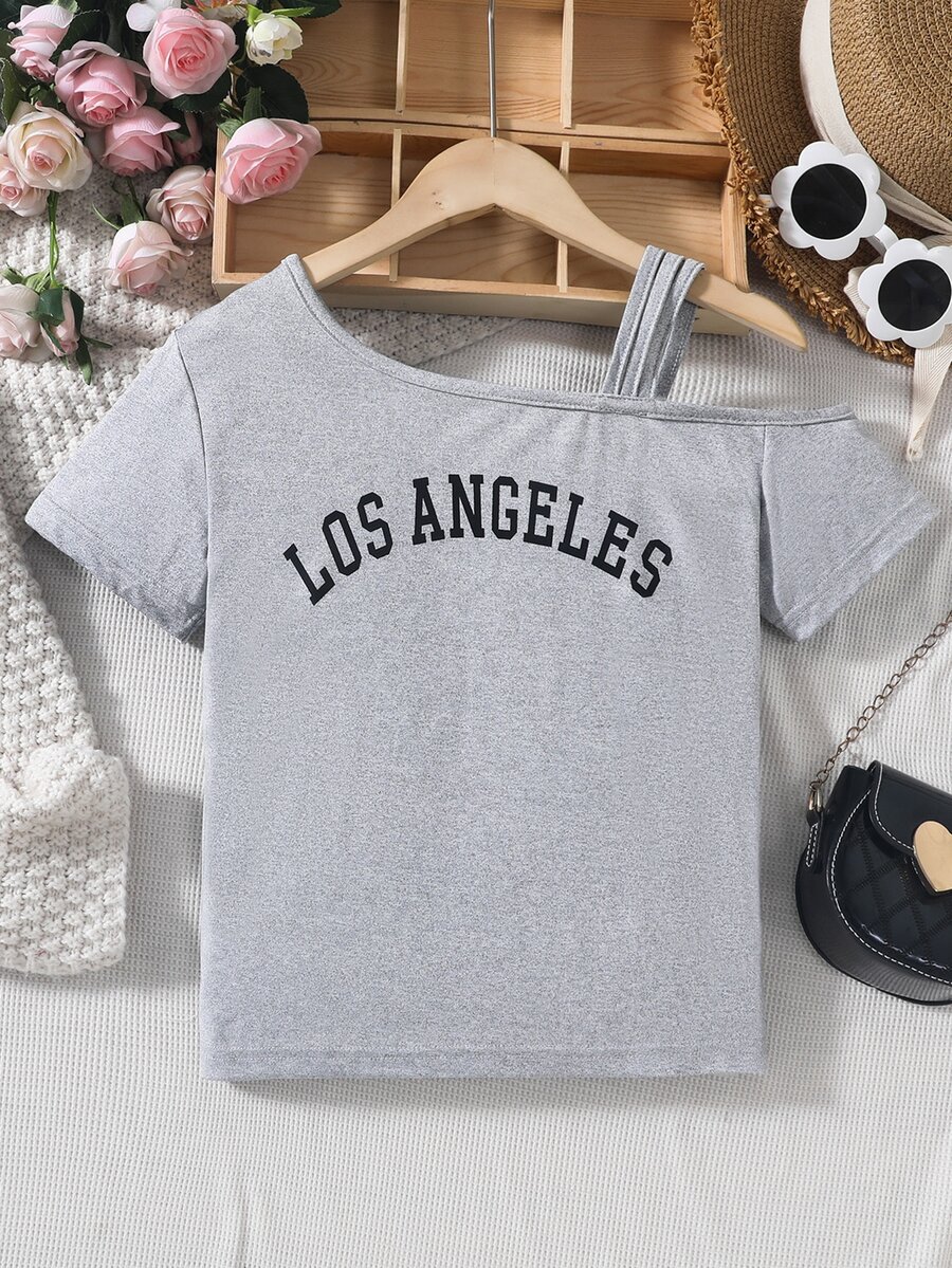 Girls Letter Graphic Asymmetrical Neck Tee - Grey - View 1