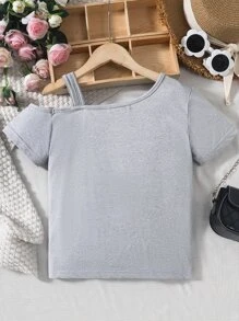 Girls Letter Graphic Asymmetrical Neck Tee - Grey - View 2
