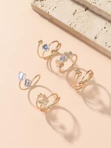 5 cái/bộ Nhẫn Đính Đá Cubic Zirconia & Bướm Trang Trí - Vàng - Xem 2